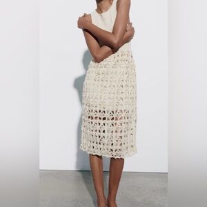 Zara Women Size L Mixed Open Knit Dress - Ecru / Cream NWT $89